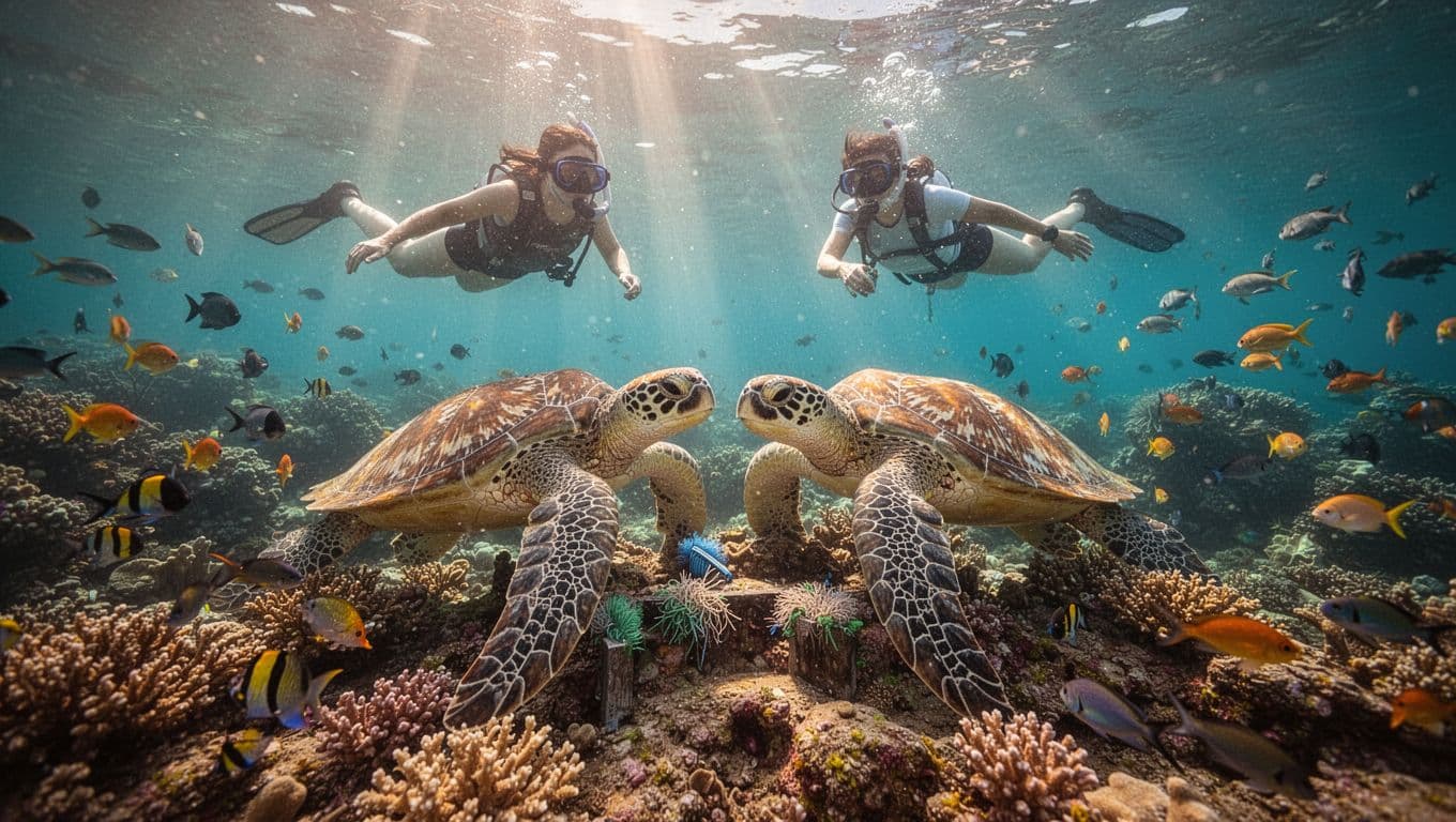 Two green sea turtles at underwater cleaning station, two snorkelers observing above reef in turquoise water.