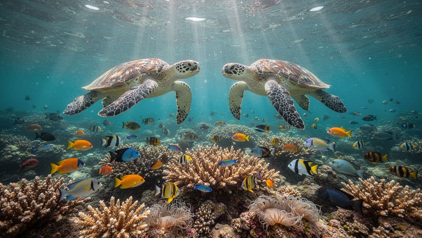 Vibrant underwater Hawaiian coral reef off Oahu coast teeming with colorful tropical fish schools and two Hawaiian green sea turtles gliding in crystal-clear turquoise water amid branching corals and anemones.