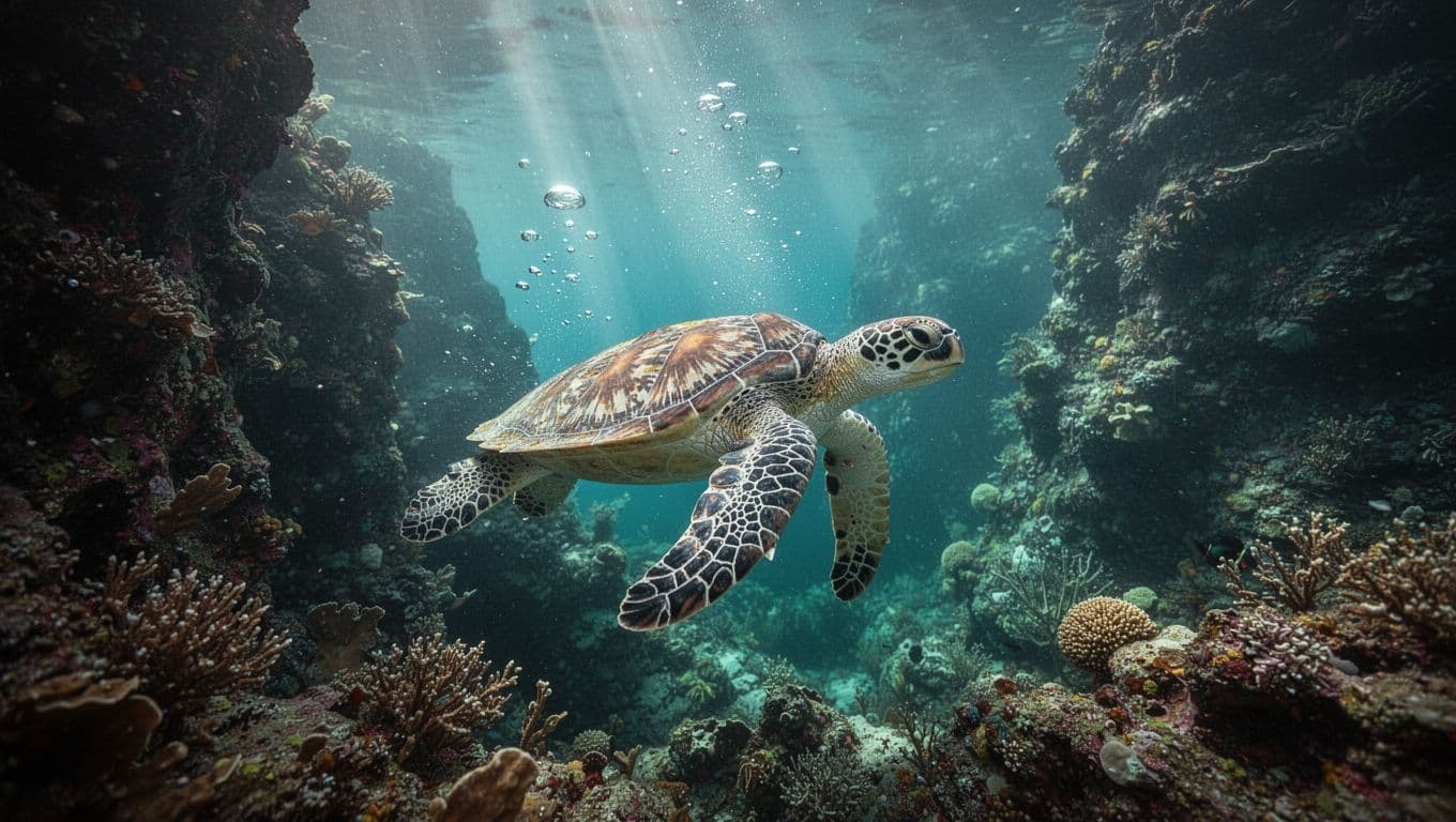 Serene underwater scene at Turtle Canyon featuring a Hawaiian green sea turtle gliding past a vibrant coral reef, captured in GoPro POV style with cinematic lighting and turquoise-green palette.