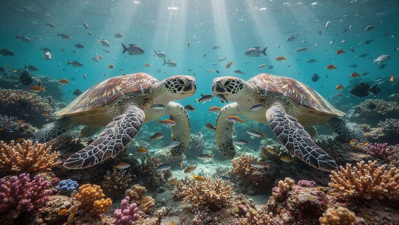 Underwater scene at Turtle Canyon reef with two Hawaiian green sea turtles at a natural cleaning station, surrounded by small fish and vibrant corals in clear turquoise water, sunlight rays piercing the surface.