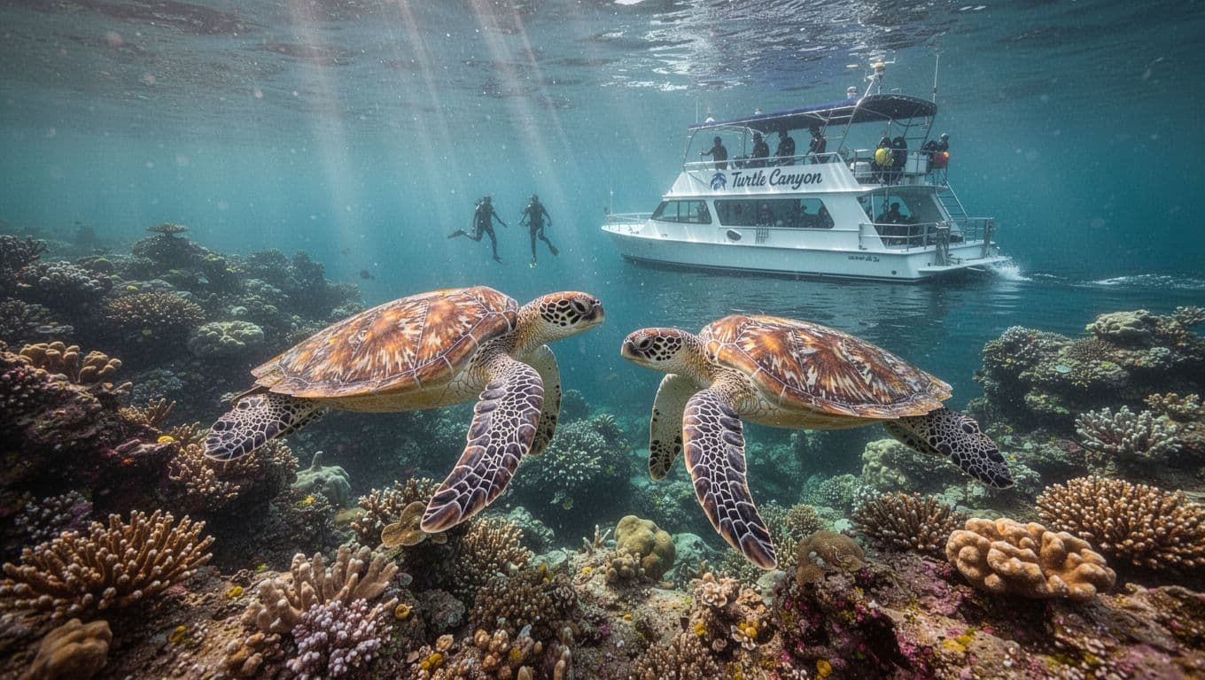 Two Hawaiian green sea turtles swim near a vibrant coral reef in calm turquoise waters at Turtle Canyon off Waikiki, with a double-decker snorkel boat anchored in the background and dramatic sunlight beams filtering through.