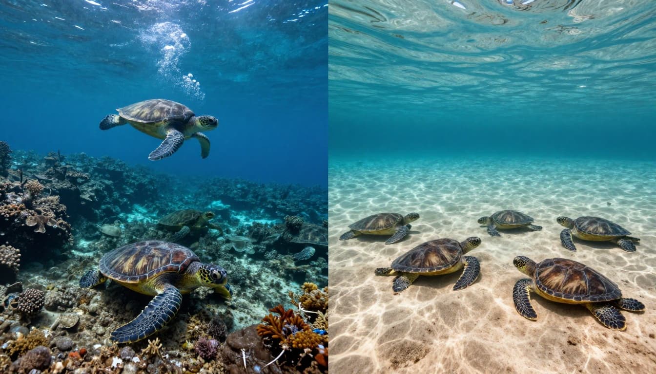 Split comparison image featuring underwater Turtle Canyon with turtles and snorkelers on the left, beach turtles at Laniakea on the right, connected by ocean waves in vibrant Hawaii scenery with cinematic style, strong contrast, and dramatic lighting.