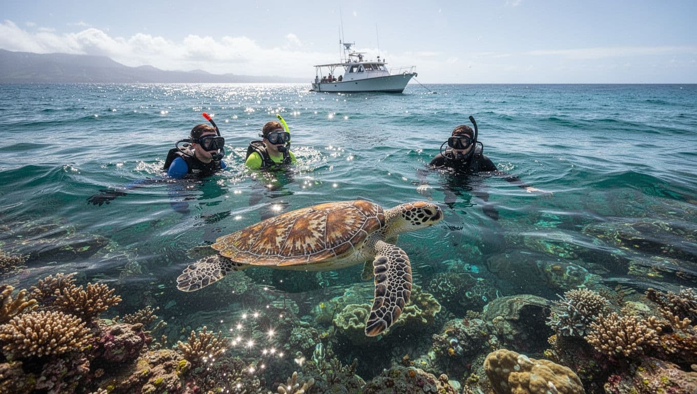 Snorkelers float on turquoise waves at Turtle Canyon, Oahu, spotting a Hawaiian green sea turtle below the coral reef under bright sunlight.