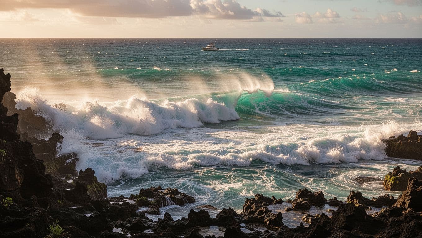Choppy turquoise ocean waves with whitecaps from wind crash against the rocky coastline at Turtle Canyon, Oahu, under dramatic golden hour lighting with a distant boat silhouette.