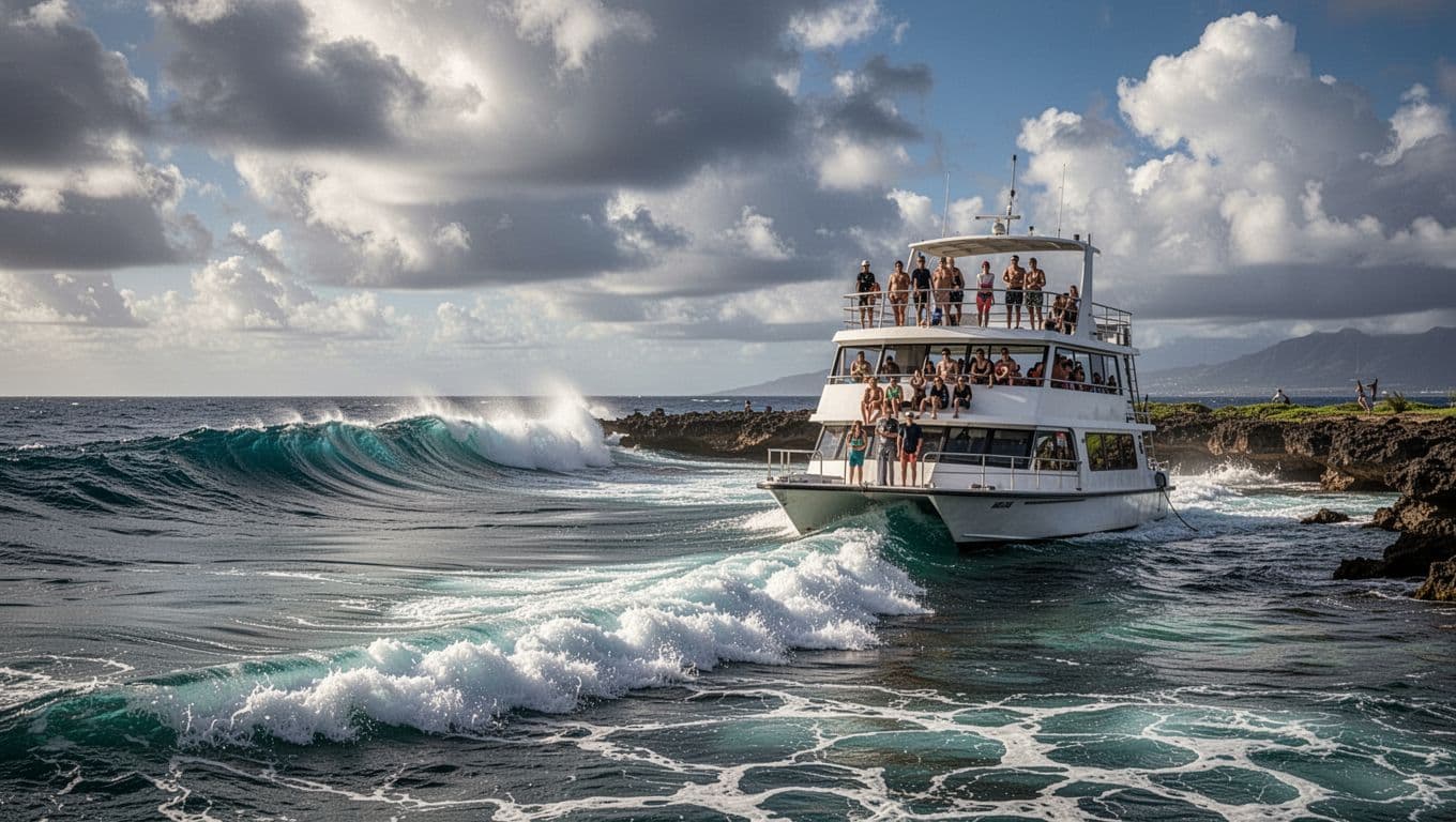 Choppy moderate ocean waves roll into Turtle Canyon Oahu reef, with a stable double-decker boat featuring SeaKeeper stabilization anchored nearby. Crew and four guests safely observe from the upper deck under a partly cloudy sky with dramatic surf.