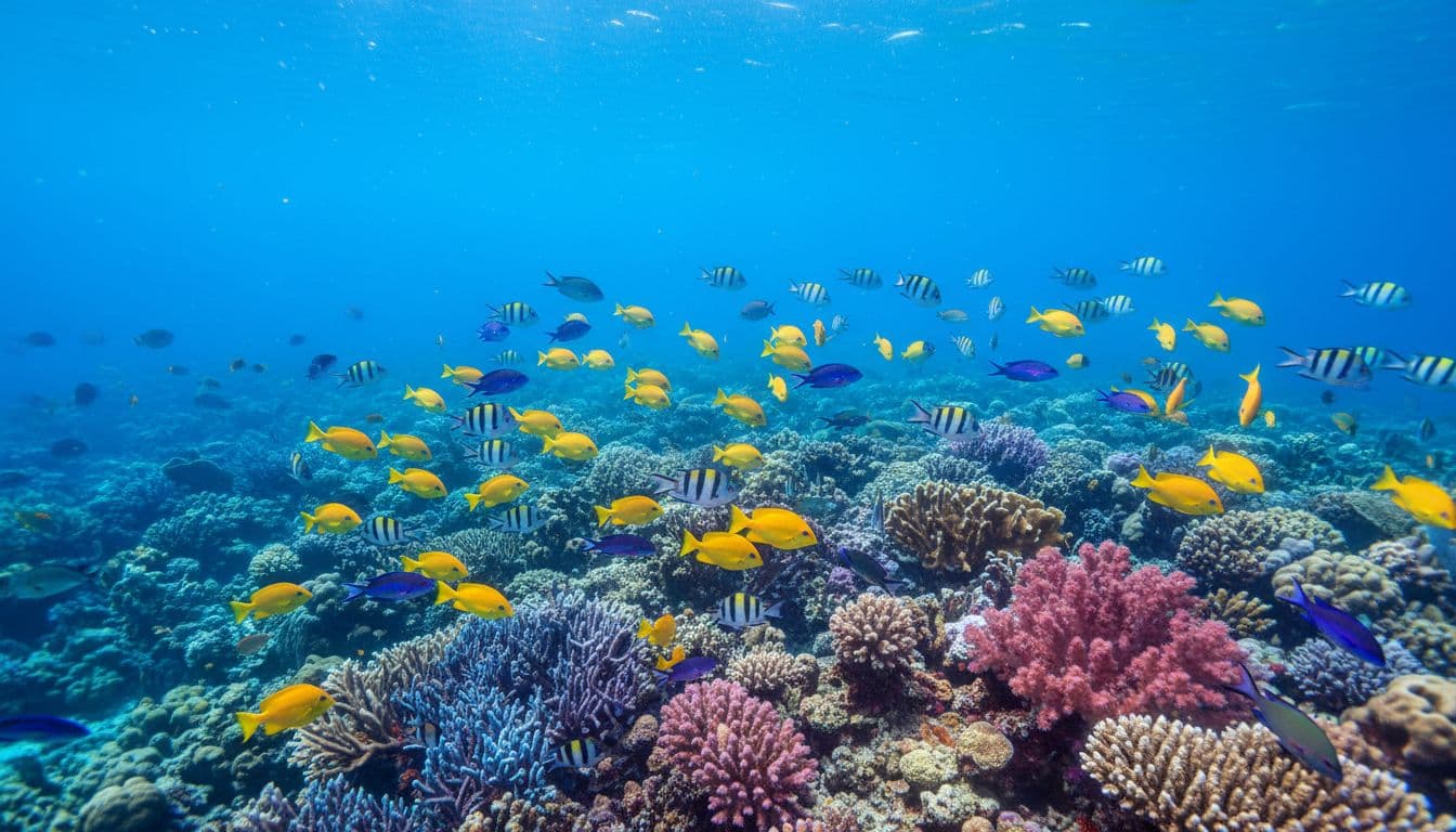 Vibrant schools of yellow tang, convict tang, and surgeonfish swim among colorful coral reefs in the clear blue waters of Turtle Canyon, Oahu, with natural surface lighting creating a highly detailed realistic underwater scene.