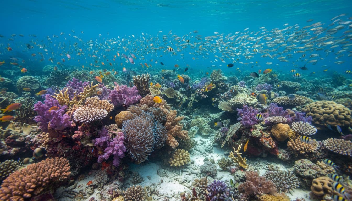 Vibrant underwater scene of Turtle Canyon Oahu featuring soft corals, hard corals, anemones, and schools of small fish darting around in bright colors.