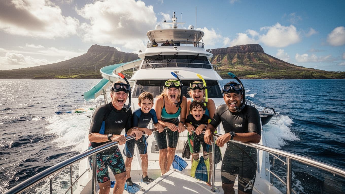 A family of four with excited faces on a double-decker boat heading to Turtle Canyon in Oahu, ocean backdrop with Diamond Head, sunny day cinematic style.