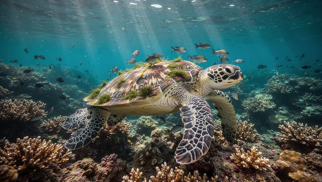 A Hawaiian green sea turtle glides calmly over a vibrant coral reef in clear turquoise ocean water at Turtle Canyon Oahu, with small fish nibbling algae off its shell at a natural cleaning station.