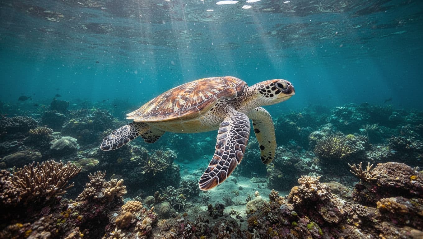 Hawaiian green sea turtle gliding through clear turquoise waters over vibrant coral reef at Turtle Canyon Oahu, sunlight rays filtering from above in cinematic style.