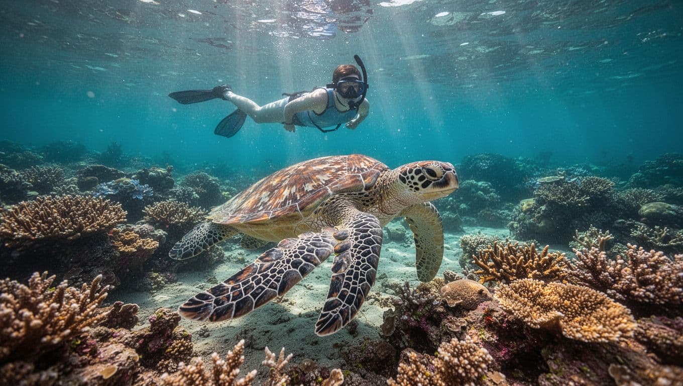 Green sea turtle glides over coral reef in turquoise waters as snorkeler observes from above.
