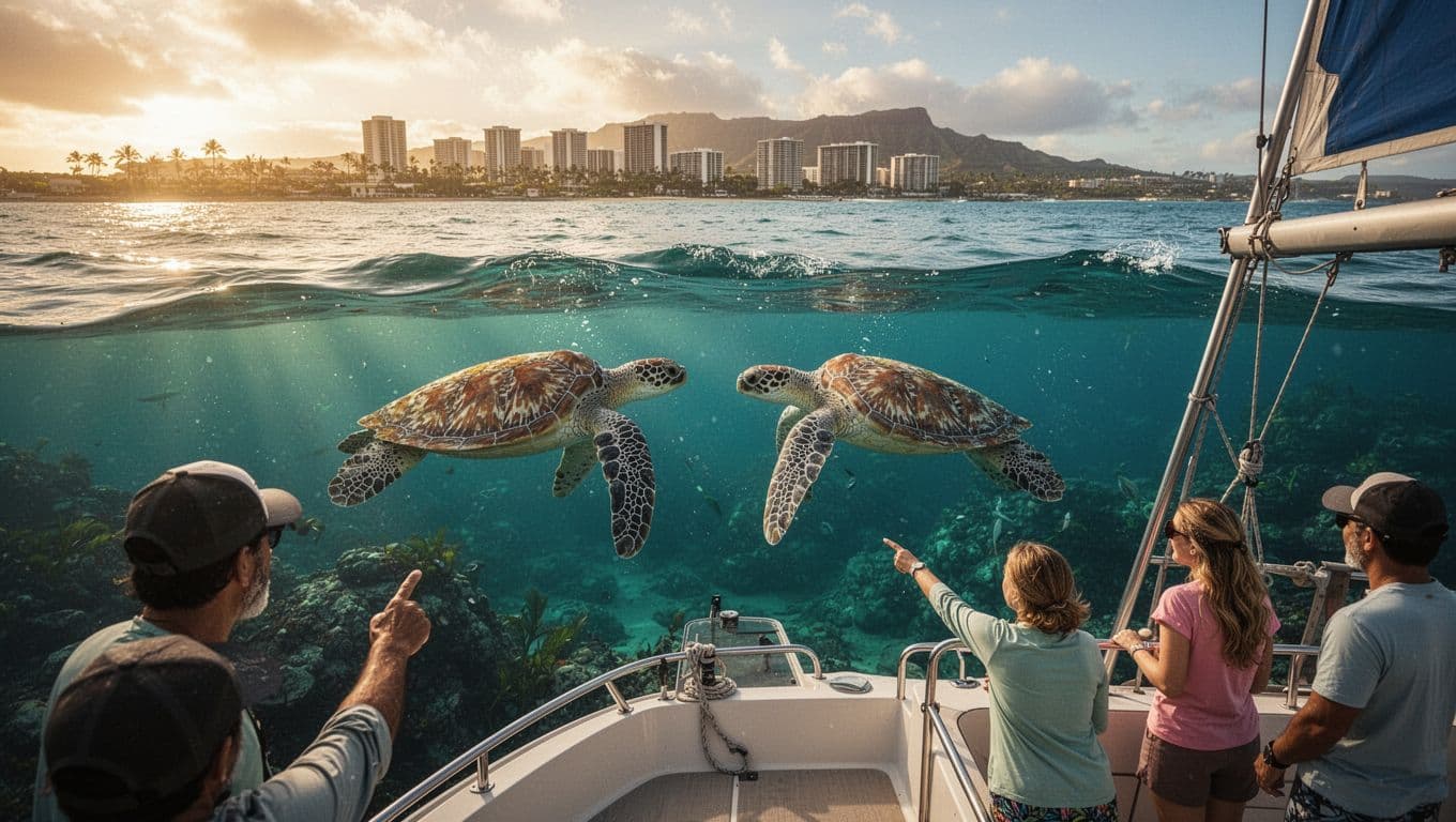 Two Hawaiian green sea turtles glide near the turquoise ocean surface at Turtle Canyon Oahu, viewed from a boat deck with distant Waikiki skyline and excited people on a nearby boat in dramatic golden hour lighting.