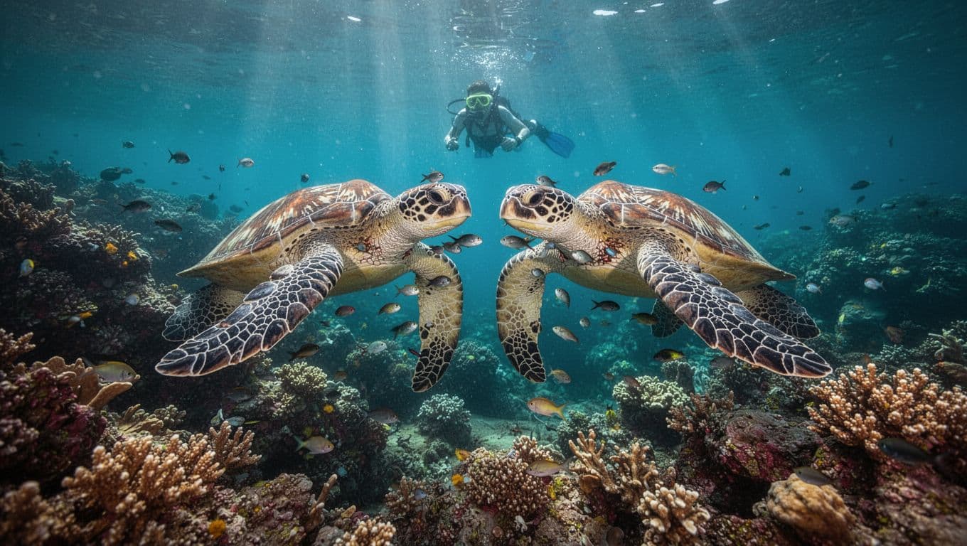 Two Hawaiian green sea turtles glide gracefully near a vibrant coral reef in turquoise waters at Turtle Canyon Oahu, with small cleaner fish nibbling their shells at a natural cleaning station, while a distant snorkeler observes calmly from above.