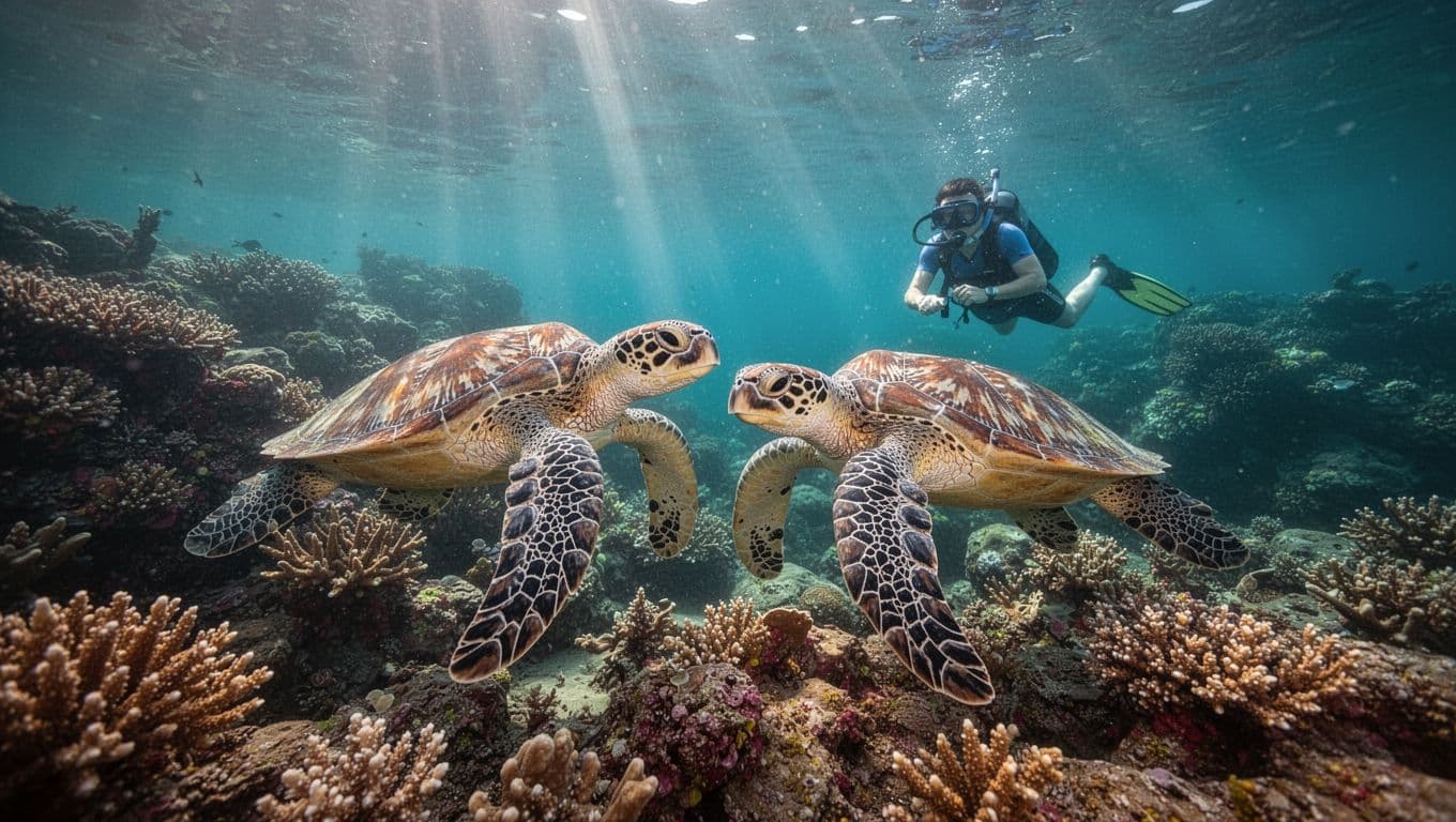 Two Hawaiian green sea turtles glide gracefully over a vibrant coral reef in Turtle Canyon Oahu's clear turquoise waters, with sunlight rays creating dramatic beams and one snorkeler observing from a distance.