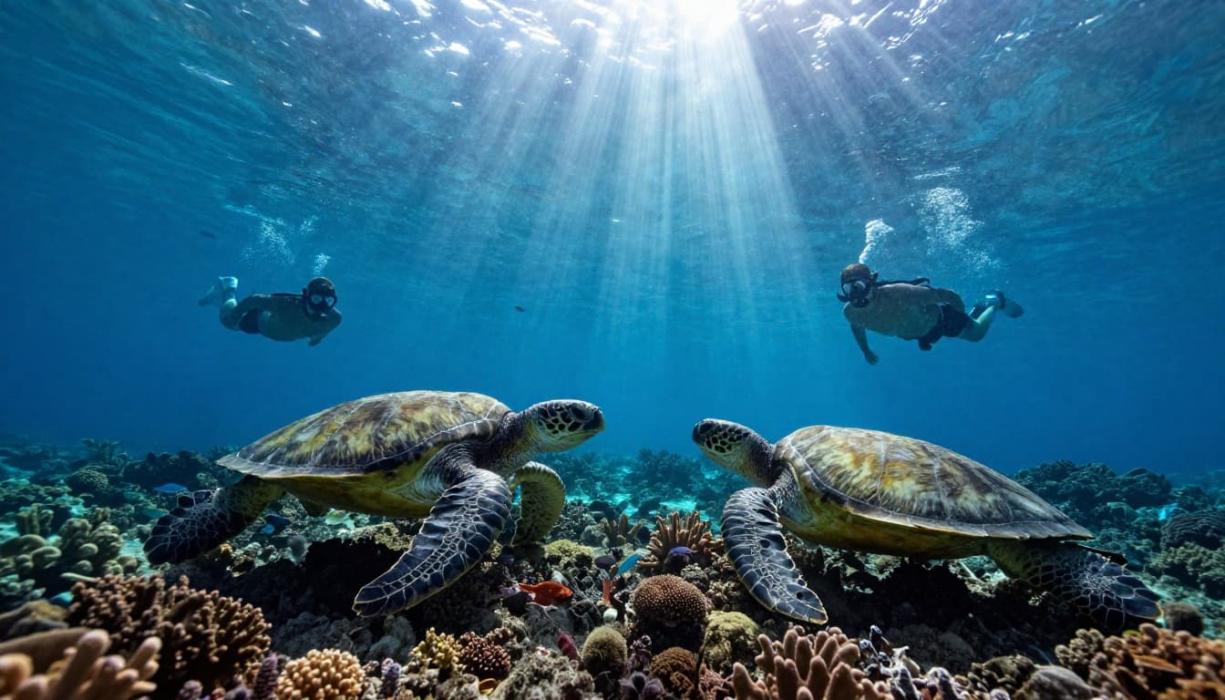 Underwater scene at Turtle Canyon Oahu with two Hawaiian green sea turtles swimming near a coral reef cleaning station, two snorkelers observing from the surface in vibrant turquoise water, schools of fish, and dramatic sunlight rays.