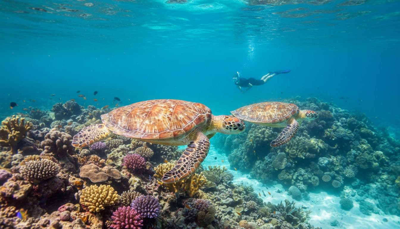 Vibrant underwater scene at Turtle Canyon Oahu featuring exactly two Hawaiian green sea turtles swimming near colorful coral reefs in clear turquoise water with sunlight filtering through and one snorkeler observing in the background.