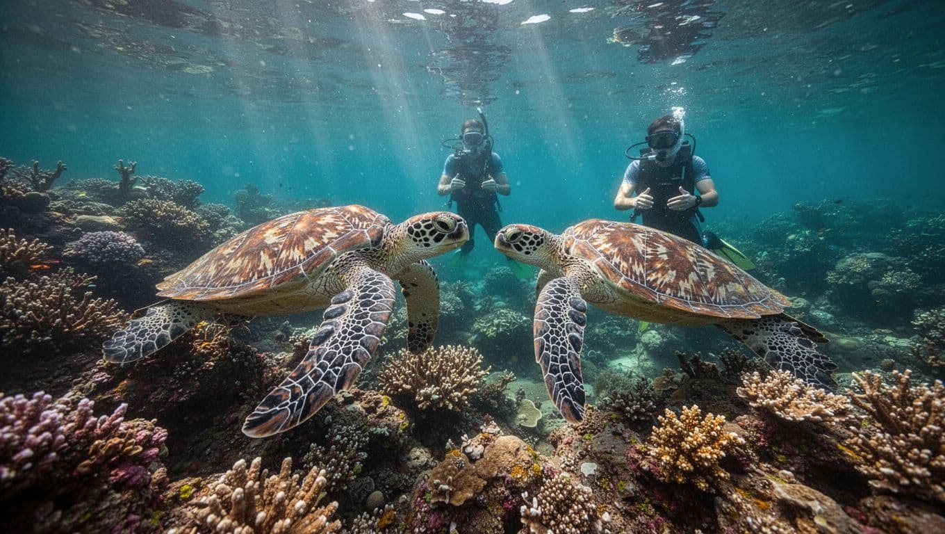 Vibrant underwater scene at Turtle Canyon, Oahu, with Hawaiian green sea turtles swimming near colorful coral reef in crystal-clear turquoise water, a snorkeler observing from the background amid sun rays and dramatic lighting.