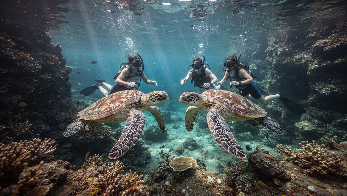Hawaiian green sea turtles glide gracefully near a vibrant coral reef in Turtle Canyon, Oahu, observed by two snorkelers in crystal-clear turquoise waters with sunlight rays filtering through.