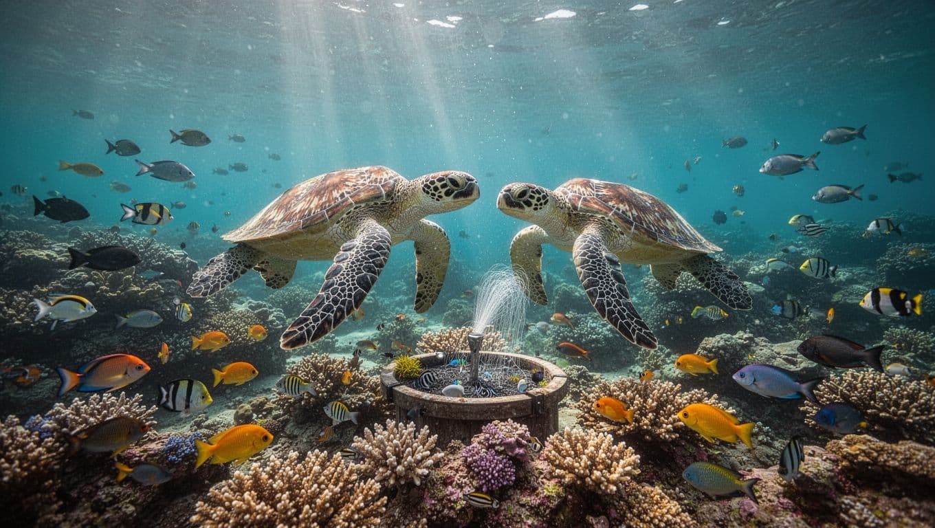 Green sea turtles glide over coral reef with tropical fish and sunlight rays in turquoise water.