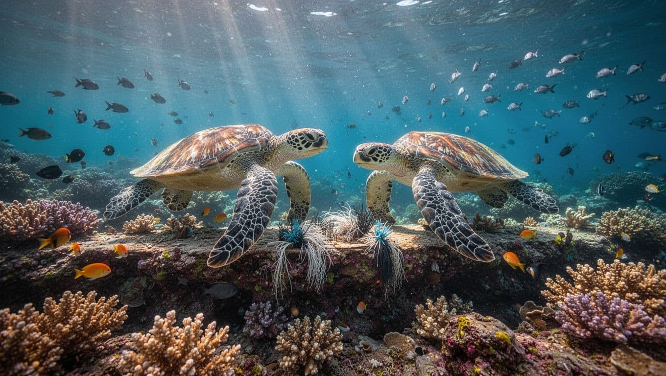 Two green sea turtles hover near a cleaning station on a reef ledge surrounded by corals and small fish.