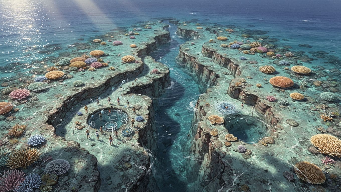 Overhead map-like view of Turtle Canyon reef showing canyons, cleaning station, coral heads, and entry points in turquoise waters off Waikiki.