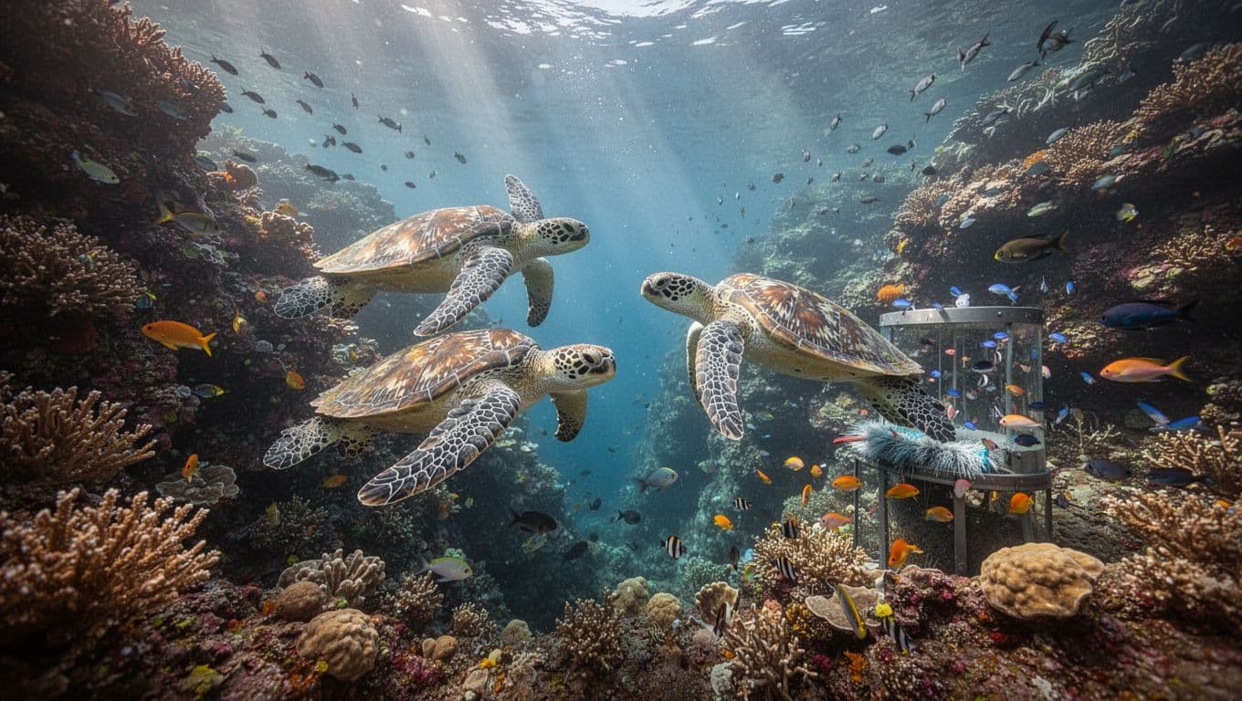 Underwater view of Turtle Canyon Oahu reef shows two green sea turtles near cleaning station amid vibrant corals, fish schools, and sunlight rays.