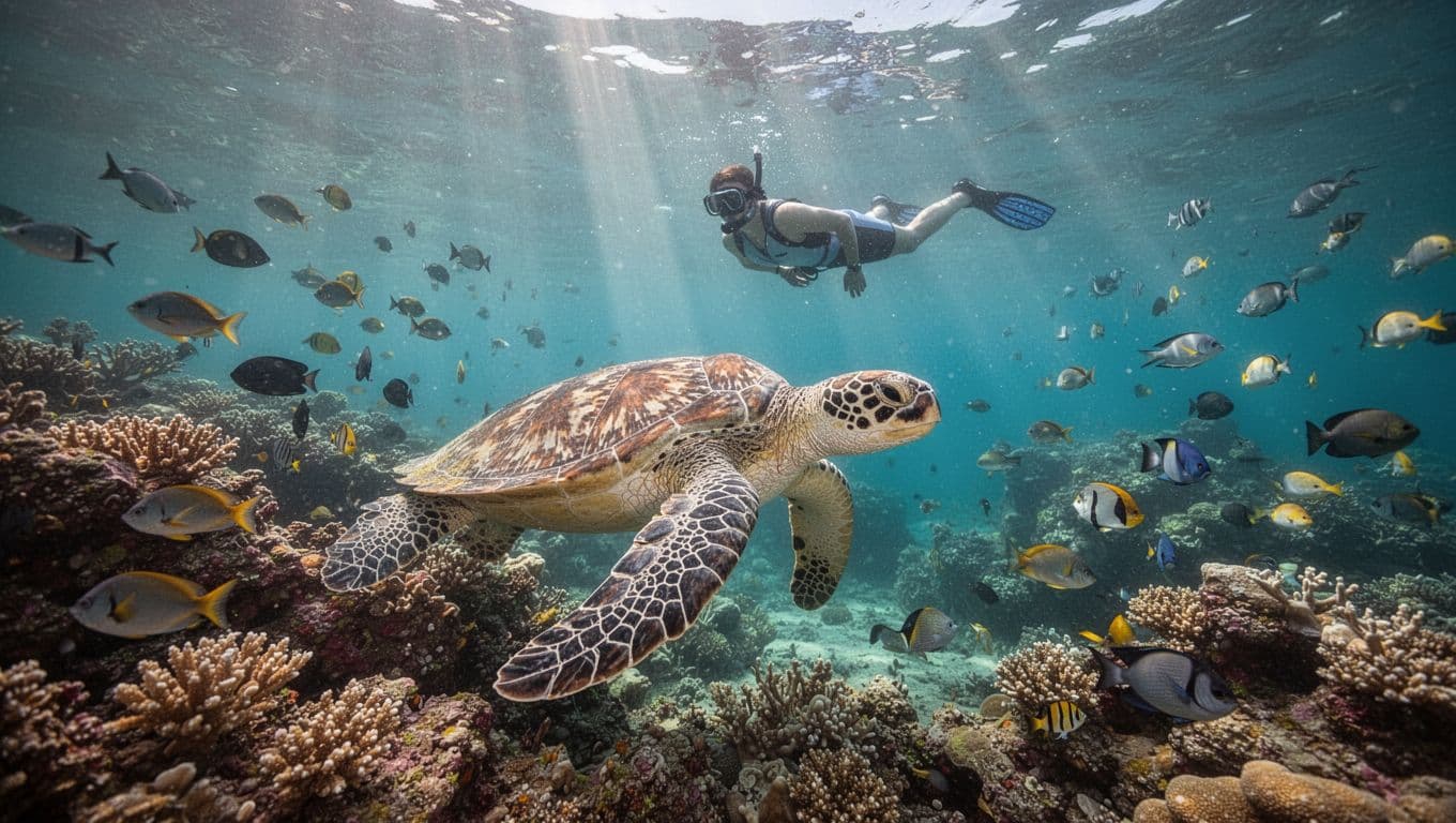 Vibrant underwater scene at Turtle Canyon Oahu featuring Hawaiian green sea turtles gliding near a colorful coral reef in crystal clear turquoise waters, with a single snorkeler observing calmly above amid schools of tropical fish and dramatic surface light rays.