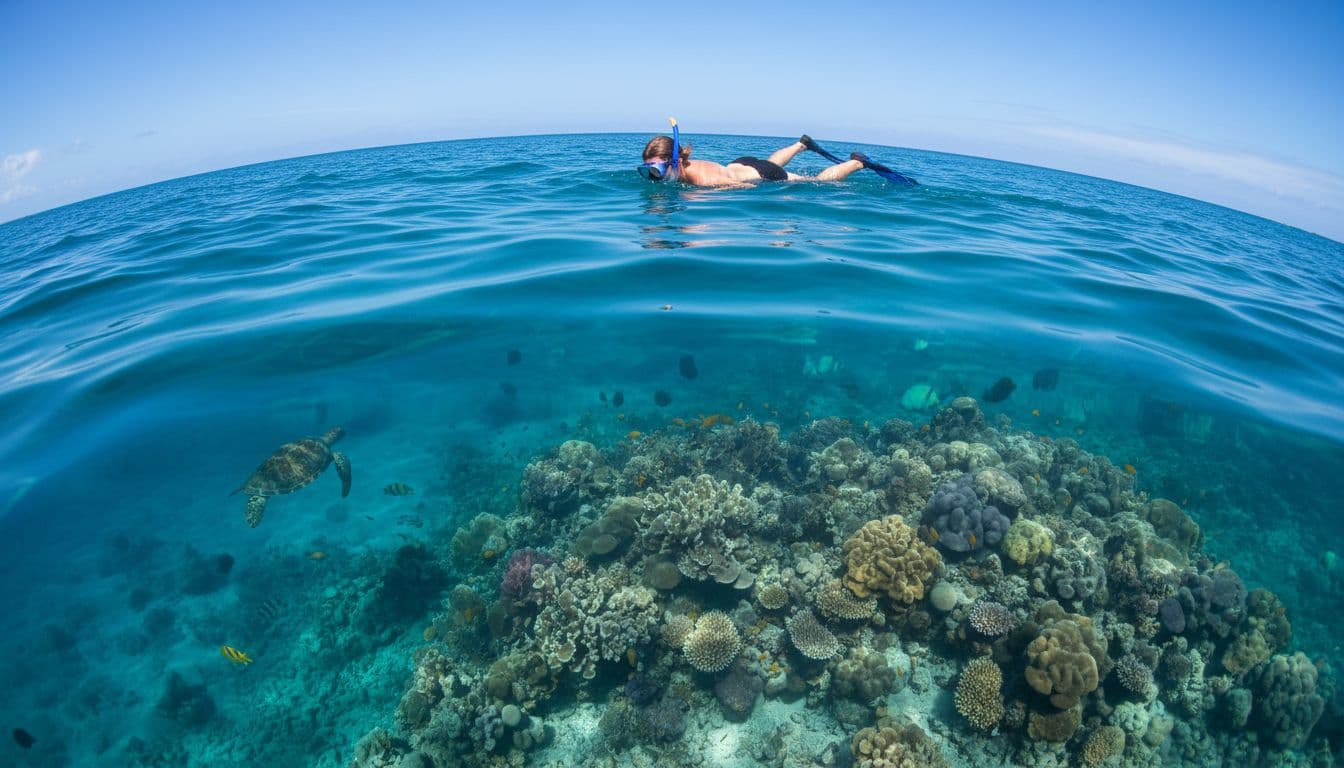 A snorkeler floats on the surface peering into clear blue ocean water, revealing a vibrant coral reef and distant Hawaiian green sea turtle silhouette at Turtle Canyon Oahu, under sunny skies with gentle waves.