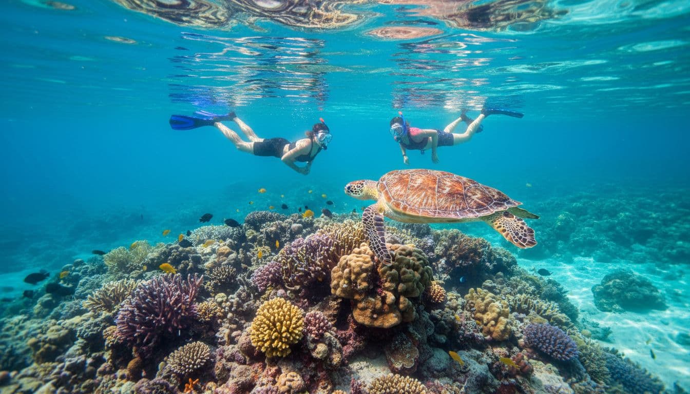 Two snorkelers in crystal-clear calm turquoise waters at Turtle Canyon Oahu swim near a Hawaiian green sea turtle at a natural cleaning station, with vibrant coral reef below in sunny daylight.