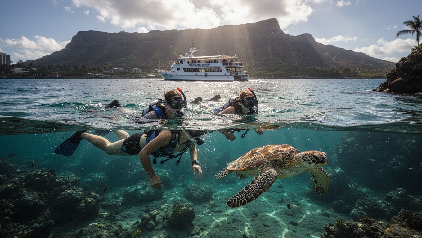 Scenic view of two snorkelers in clear turquoise waters at Turtle Canyon, Oahu, with a Hawaiian green sea turtle swimming nearby, double-decker boat in distance and Waikiki mountains backdrop.