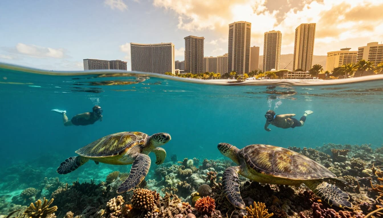 Sunny turquoise waters of Turtle Canyon Oahu feature two Hawaiian green sea turtles swimming near coral reefs, with two snorkelers observing from a distance amid vibrant marine life and Waikiki skyline under golden hour lighting.
