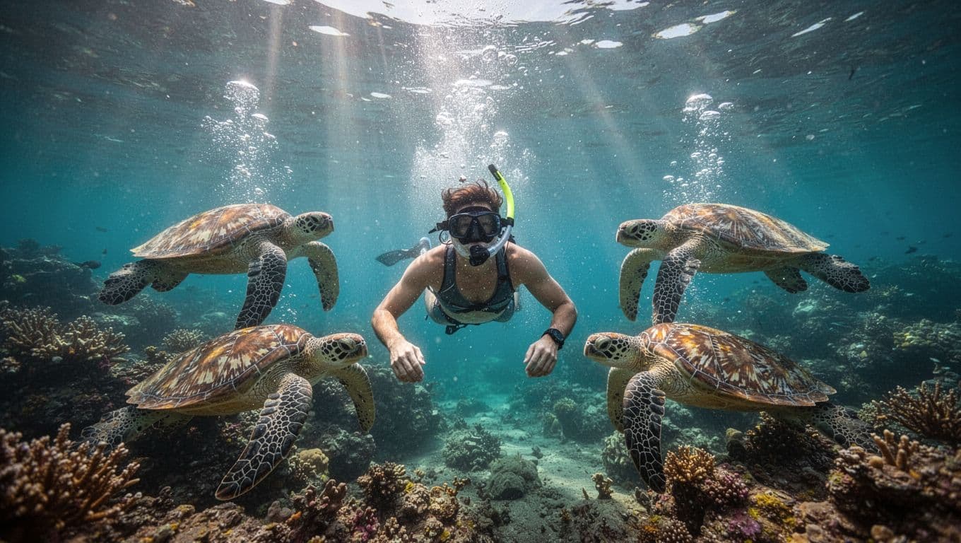 A snorkeler in relaxed swim pose glides through clear turquoise waters at Turtle Canyon, Oahu, near three Hawaiian green sea turtles and vibrant coral reef, with sunbeams and bubbles in a cinematic underwater scene.