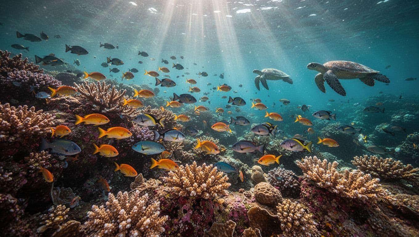 Stunning underwater landscape of Turtle Canyon Oahu featuring vibrant coral reefs, schools of fish, and distant turtles in turquoise waters with dramatic sun ray lighting.