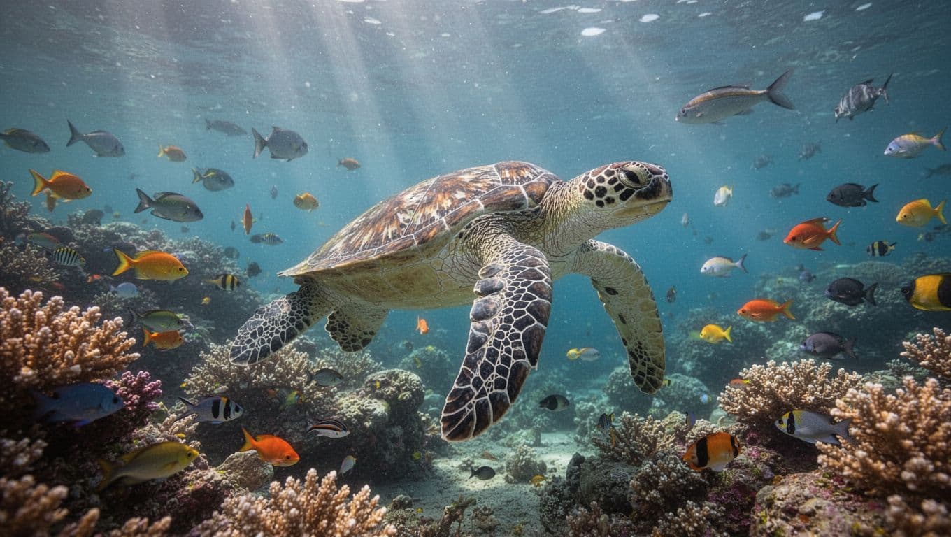 Hawaiian green sea turtle swims near coral reef with sunlight rays and colorful fish in clear water.