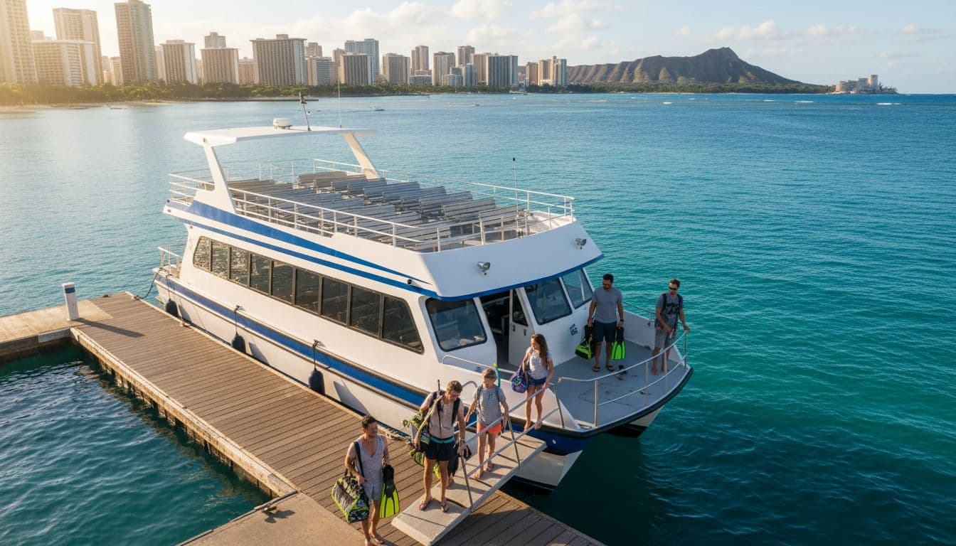 Modern double-decker tour boat docked at Kewalo Basin Harbor near Waikiki Beach, Oahu, with exactly eight people including families and couples boarding with snorkel gear on a sunny morning, Honolulu skyline in background.