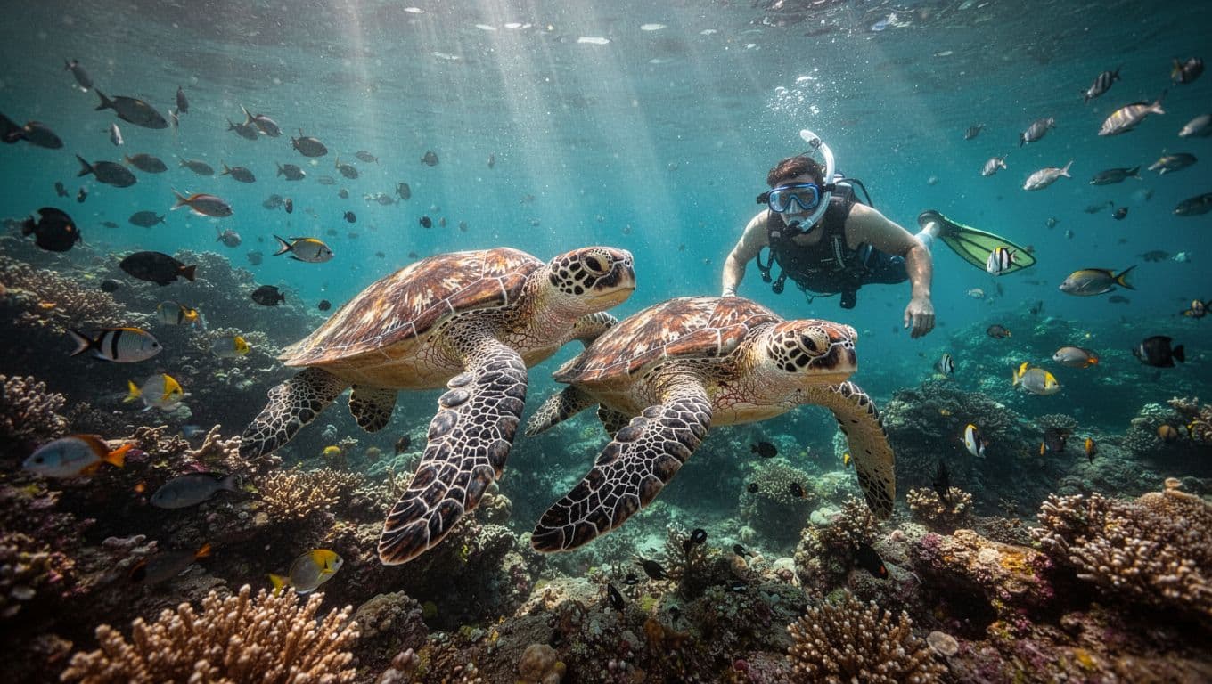 Vibrant underwater scene at Turtle Canyon with two Hawaiian green sea turtles swimming near colorful coral reef in clear turquoise water, sunlight rays and tropical fish.