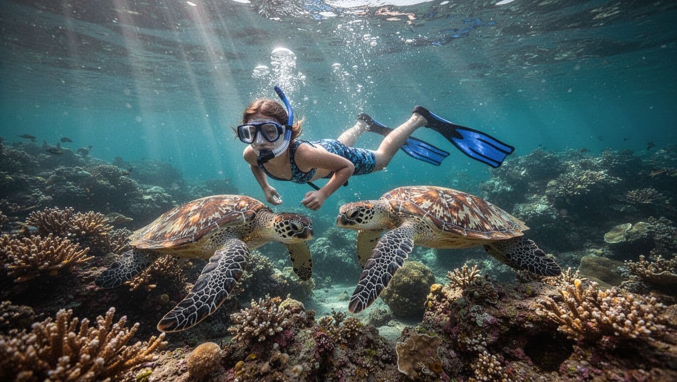 Beginner snorkeler drifts gently with mild ocean current near two Hawaiian green sea turtles at vibrant coral reef in Turtle Canyon, cinematic underwater style with dramatic sunlight rays and clear turquoise water.