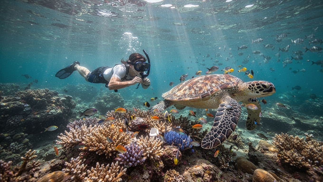 A solo snorkeler floats face-down in crystal-clear turquoise water above a vibrant coral reef cleaning station at Turtle Canyon, Oahu, as a large Hawaiian green sea turtle glides nearby with small colorful fish cleaning its shell.