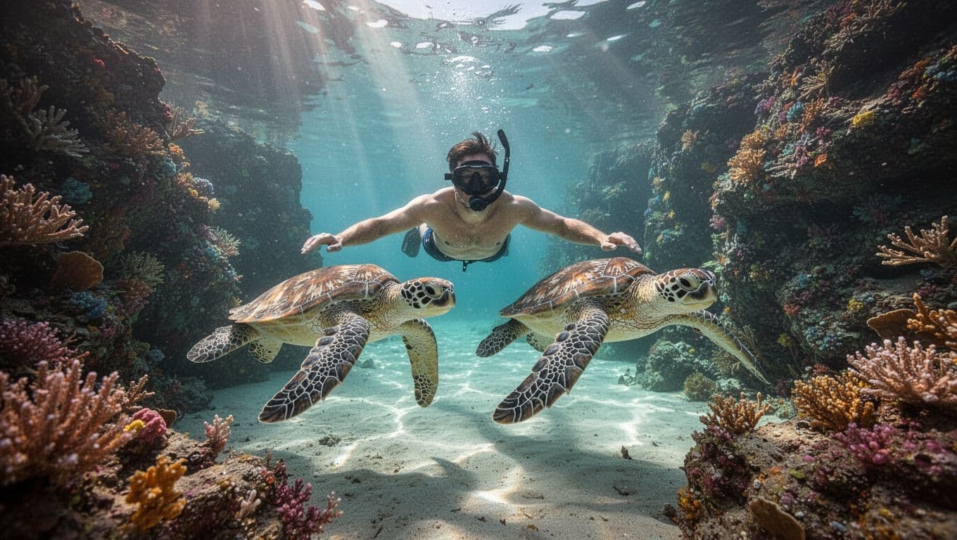 A snorkeler glides through shallow turquoise waters at Turtle Canyon near Waikiki, swimming alongside two Hawaiian green sea turtles amid vibrant coral reefs, with dramatic sunlight rays piercing the surface.