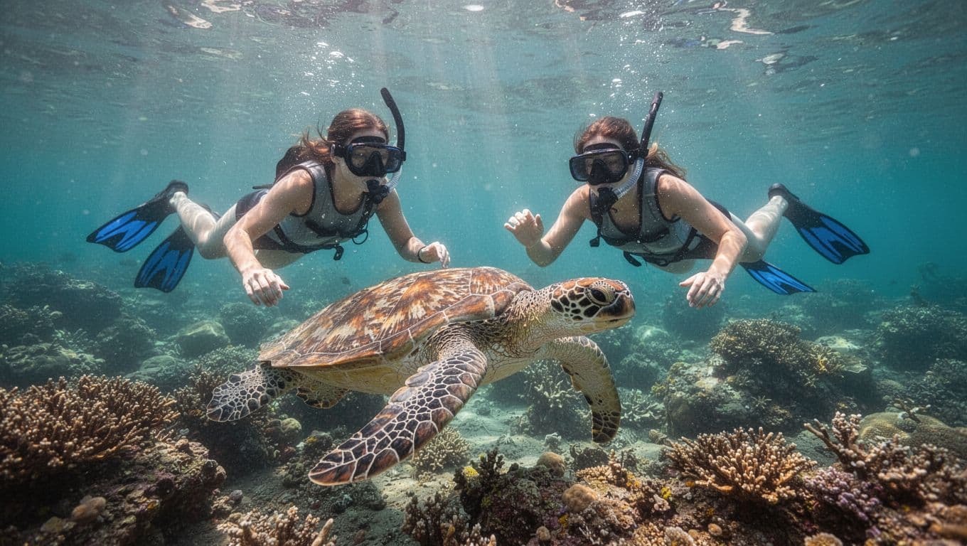 Two snorkelers with masks, snorkels, and fins swim calmly near one Hawaiian green sea turtle in clear turquoise ocean water at Turtle Canyon reef off Waikiki, Oahu, with vibrant coral below and sun rays creating dramatic light beams.