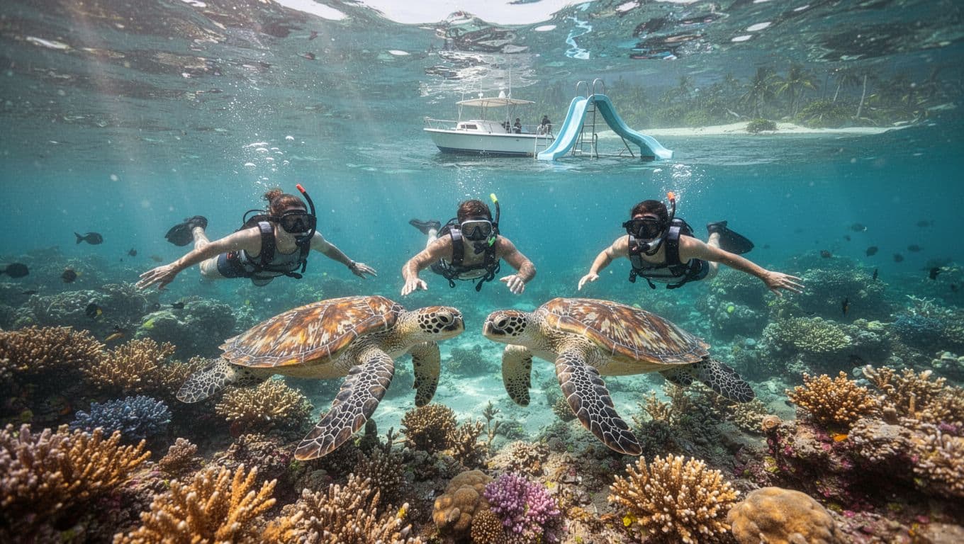 Snorkelers swim alongside two Hawaiian green sea turtles at Turtle Canyon reef off Waikiki in clear turquoise waters amid vibrant coral, with an anchored boat featuring a slide visible in a dramatic split underwater and surface composition.