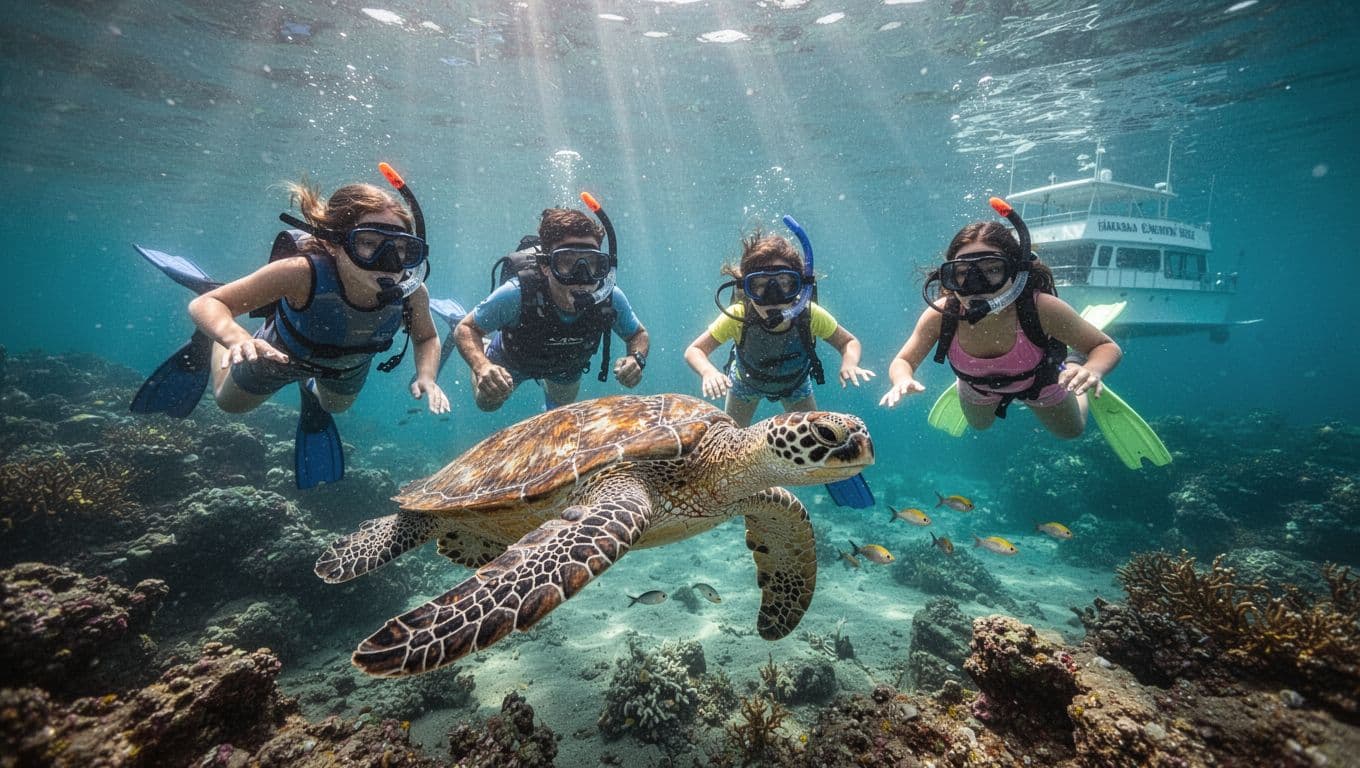 Four snorkelers, including two adults and two kids, from a boat watch a Hawaiian green sea turtle with cleaner fish at Oahu's Turtle Canyon reef in clear blue water with dramatic sunlight.