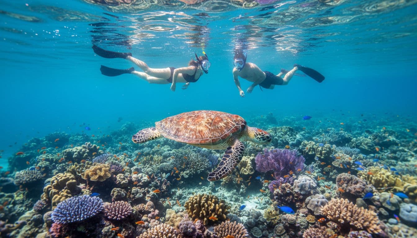 Two snorkelers in masks and fins swim relaxed near a Hawaiian green sea turtle over a vibrant coral reef in crystal-clear turquoise water at Turtle Canyon, sunlight rays beaming through creating caustics, wide underwater view from below.