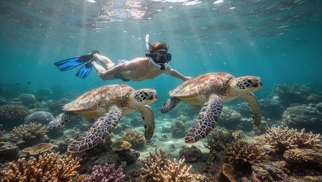 A snorkeler in mask and fins glides relaxed alongside two Hawaiian green sea turtles through crystal-clear turquoise waters over a vibrant coral reef off Waikiki, Oahu, with dramatic sunlight beams piercing the surface.