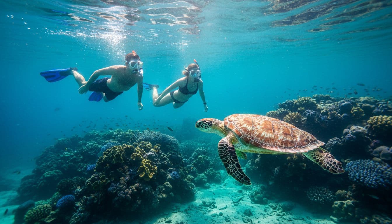 Two snorkelers swim alongside a Hawaiian green sea turtle in clear turquoise waters at Turtle Canyon off Waikiki, Oahu, with sunlight rays filtering through and coral in the background.