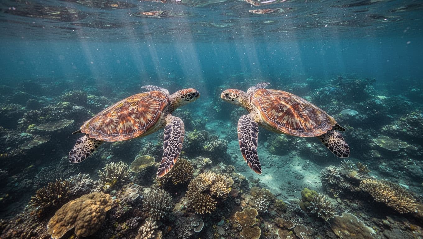 Green sea turtles swim near coral reef in turquoise waters of Turtle Canyon off Waikiki.