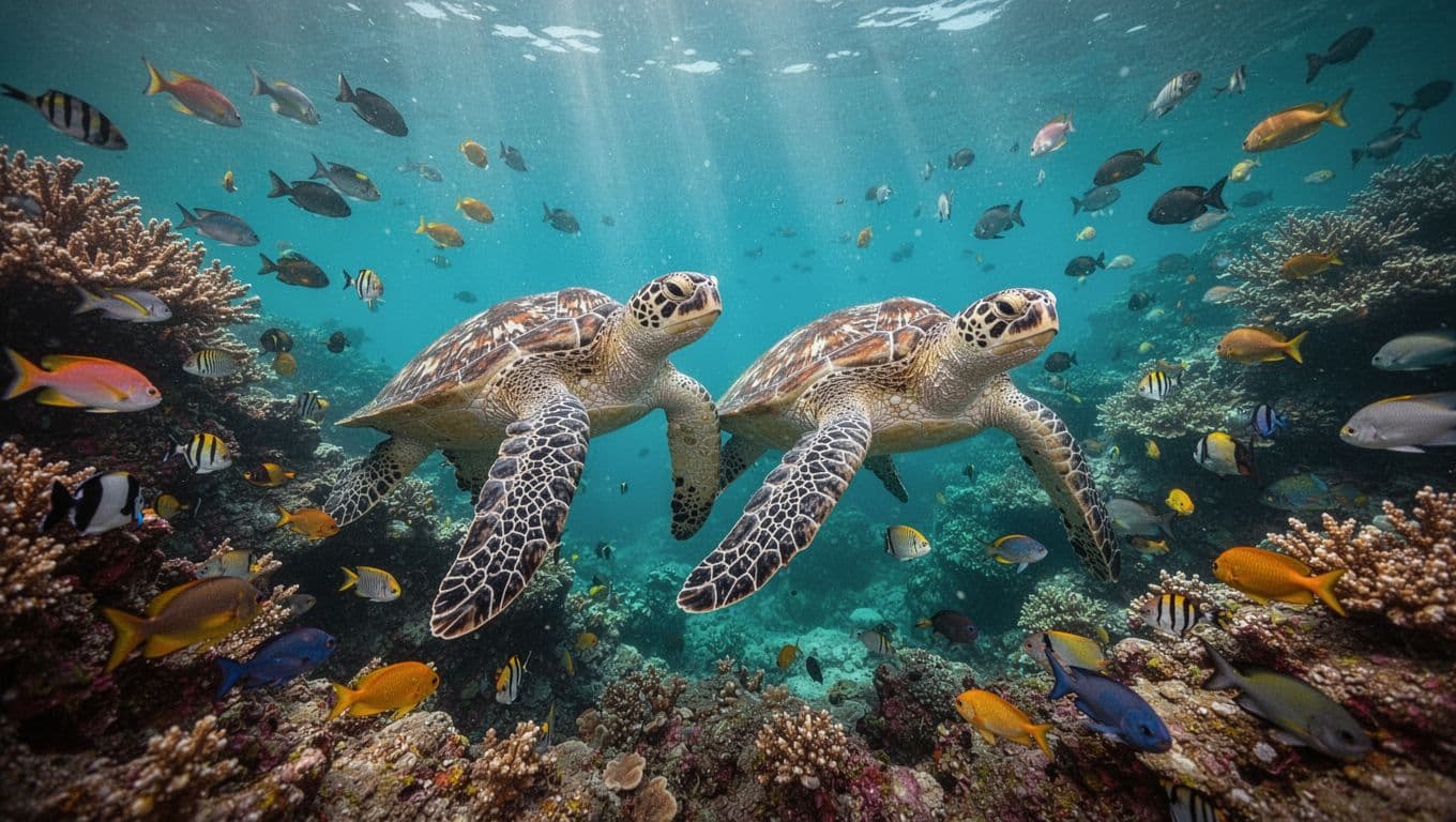 Vibrant coral reef at Turtle Canyon in Waikiki with two Hawaiian green sea turtles swimming near colorful tropical fish schools in clear turquoise water pierced by sunbeams.