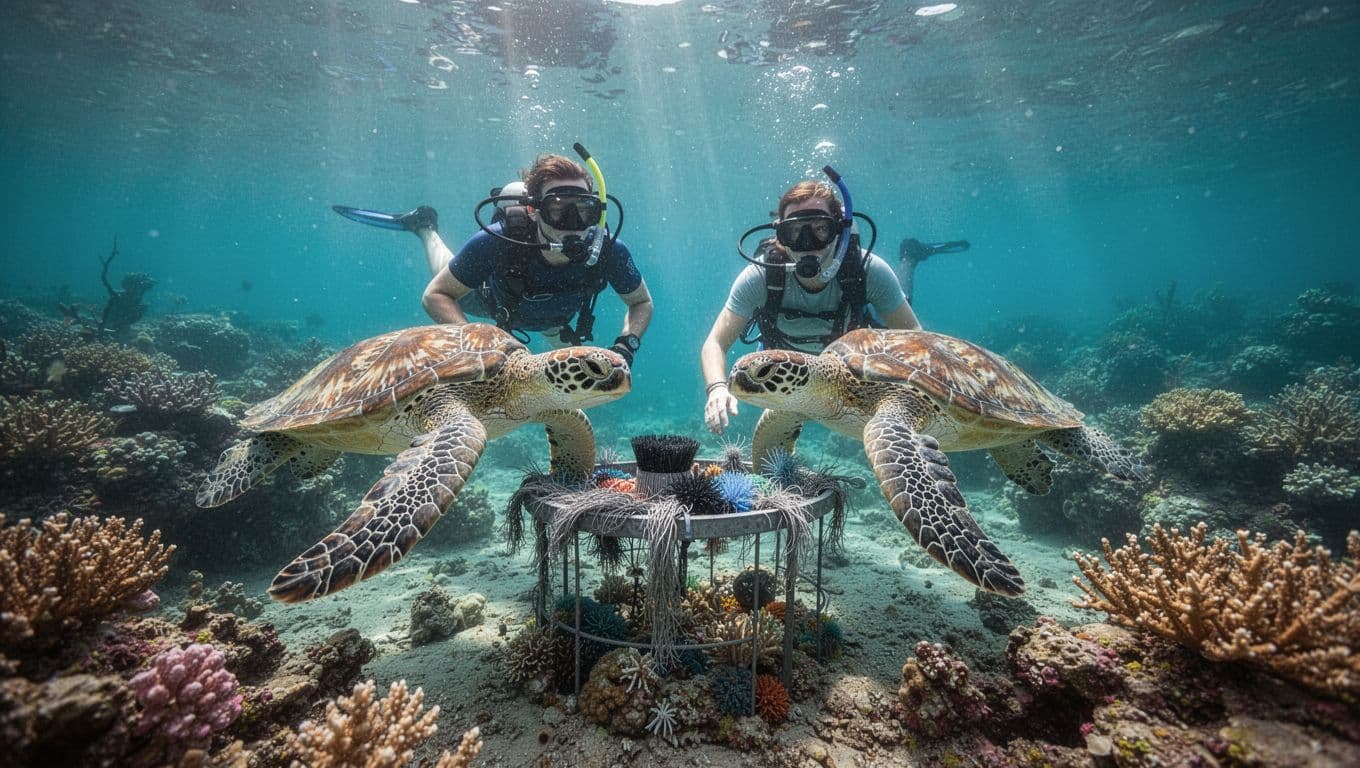 A snorkeler in relaxed pose swims alongside two Hawaiian green sea turtles at a cleaning station in crystal-clear turquoise waters of Turtle Canyon reef off Waikiki, with vibrant coral below and sunlight rays piercing the surface in cinematic underwater style.