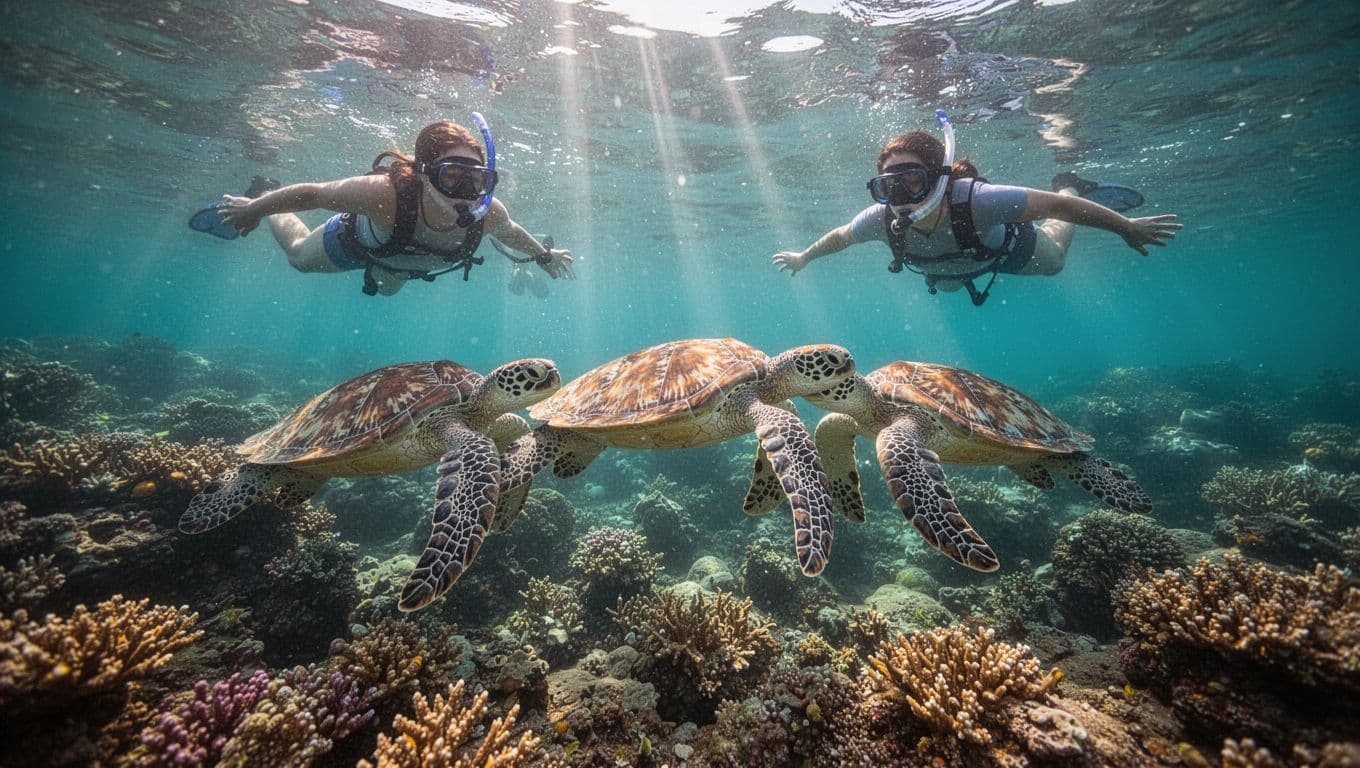 Serene turquoise waters of Turtle Canyon off Waikiki, Oahu, with Hawaiian green sea turtles swimming lazily near the surface alongside colorful coral, observed by two snorkelers floating face down, bright sunlight creating dramatic beams.