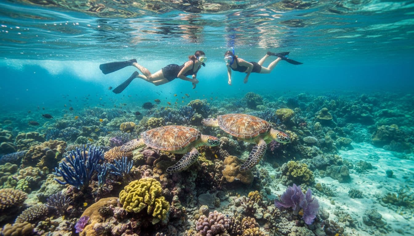 Two snorkelers, one male and one female wearing masks and fins, swim near Hawaiian green sea turtles amid colorful coral reefs in calm turquoise waters of protected Turtle Canyon off Waikiki Oahu on a sunny breezy morning.
